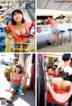 A collage of photos of a woman in a bikini and hat.